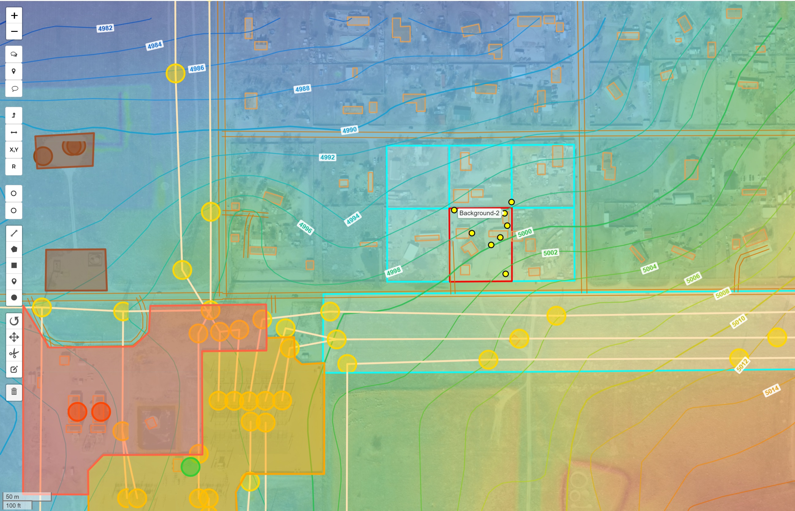 GIS analysis overlay with contours, parcels, and site features